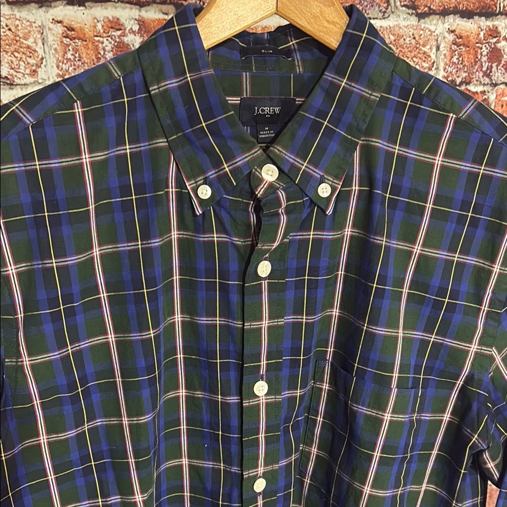J Crew Navy and Forest Plaid Button Down Shirt pocket medium slim